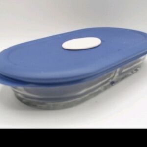 Vintage Pyrex 2 Cup Glass Divided Dish 8300 Blue Vented Lid Oval Oblong